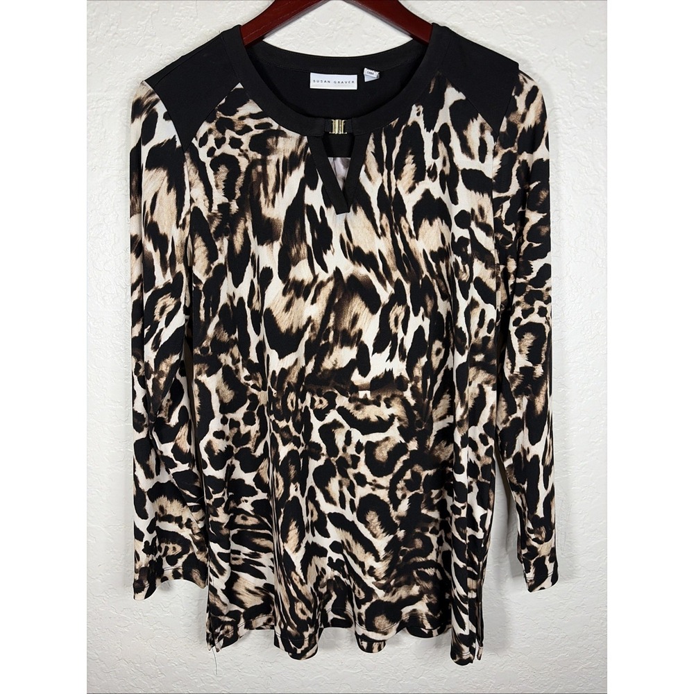 Susan Graver Shirt Animal Print Career Stretch Casual‎ Comfort, Leopard, Medium